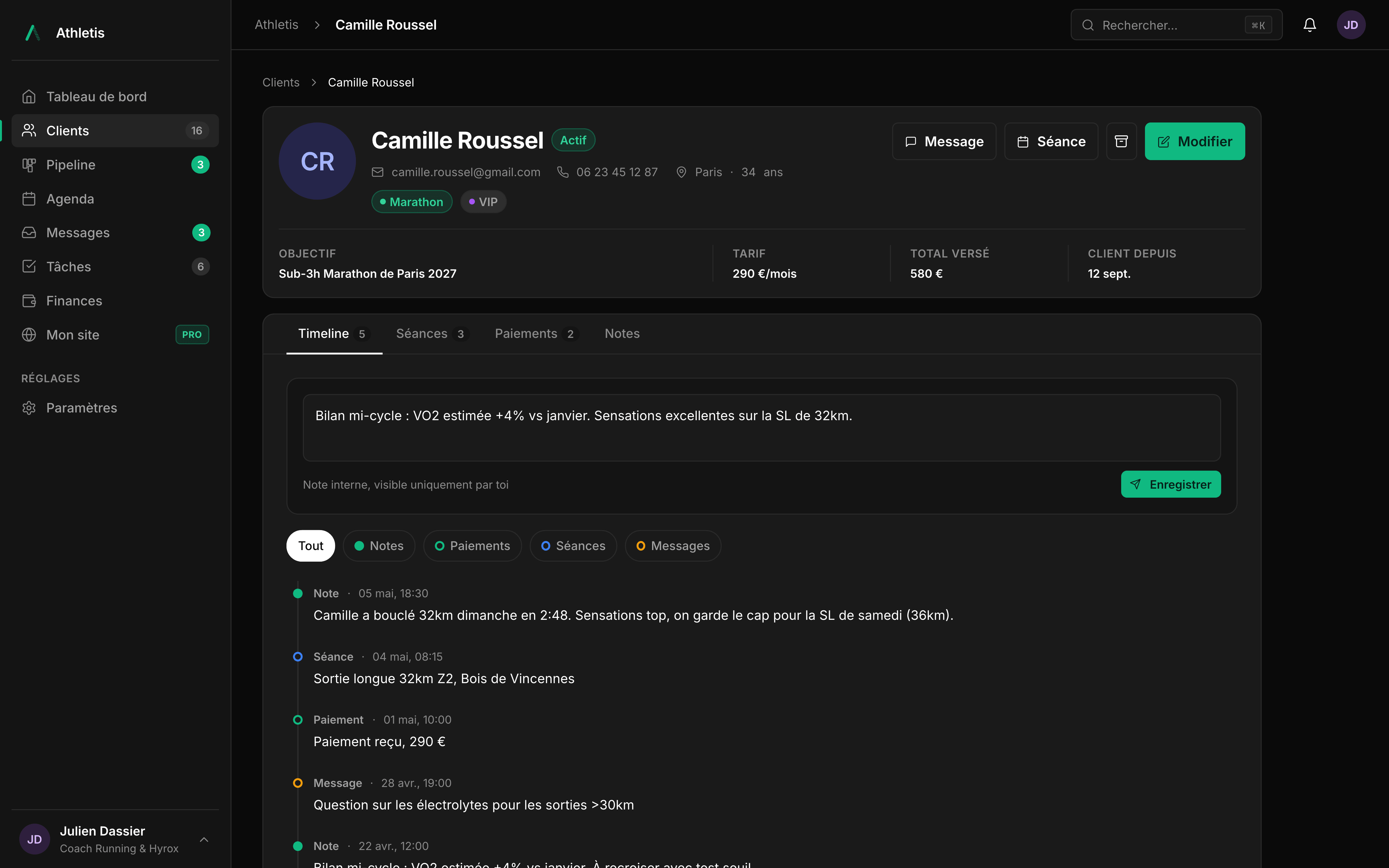 Client profile in Athletis: an athlete's goal, pricing, payments, sessions and full activity history